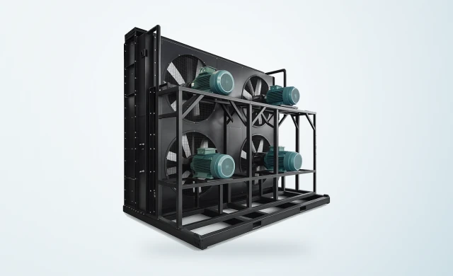 Remote industrial radiator with four electric fan motors on a steel skid